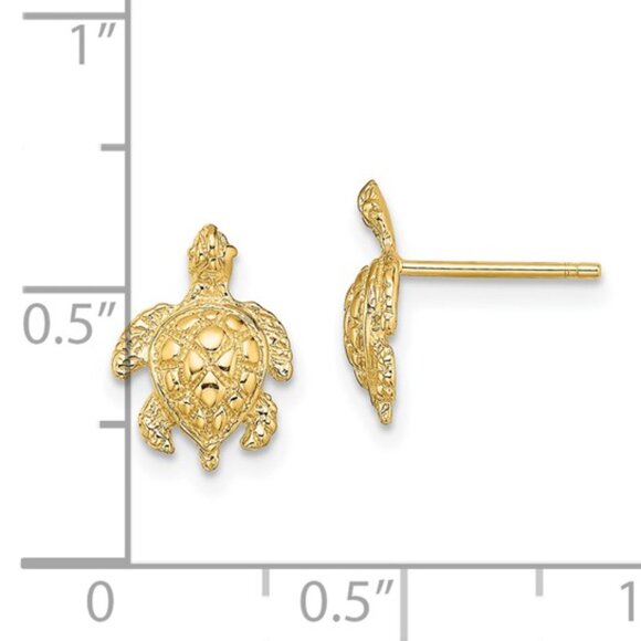 14k Yellow Gold Nautical Mini Sea Turtle Post Earrings w Push Friction Back - Picture 2 of 9